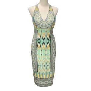 Hale Bob Geometric Colorful Lined Halter Stretch Bodycon Midi Dress V Neck M NWT